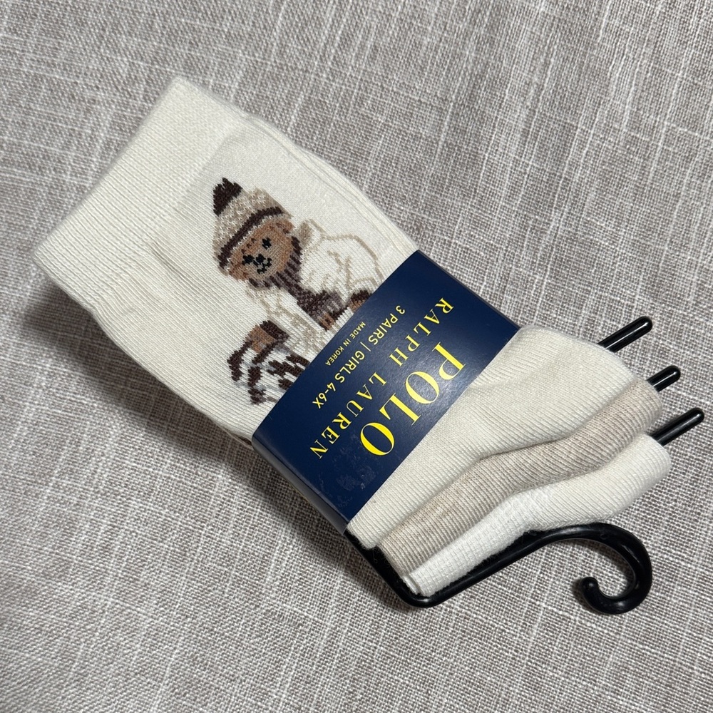 Polo Ralph Lauren Girls Socks 3 Pair Cream Winter Bear with Sled 4-6X NWT
